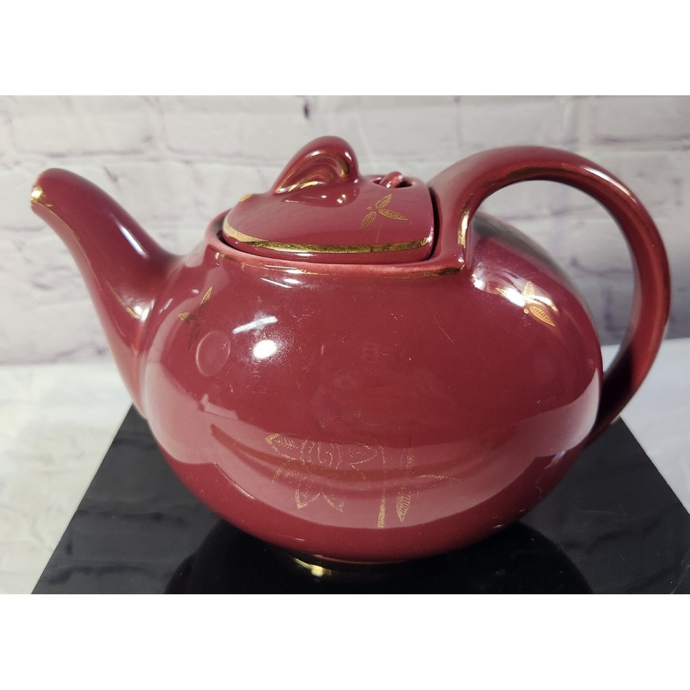 Vintage Hall Gold Leaf Design 6cup Teapot #0753 Maroon Burgundy‎ Rare Hinged Lid